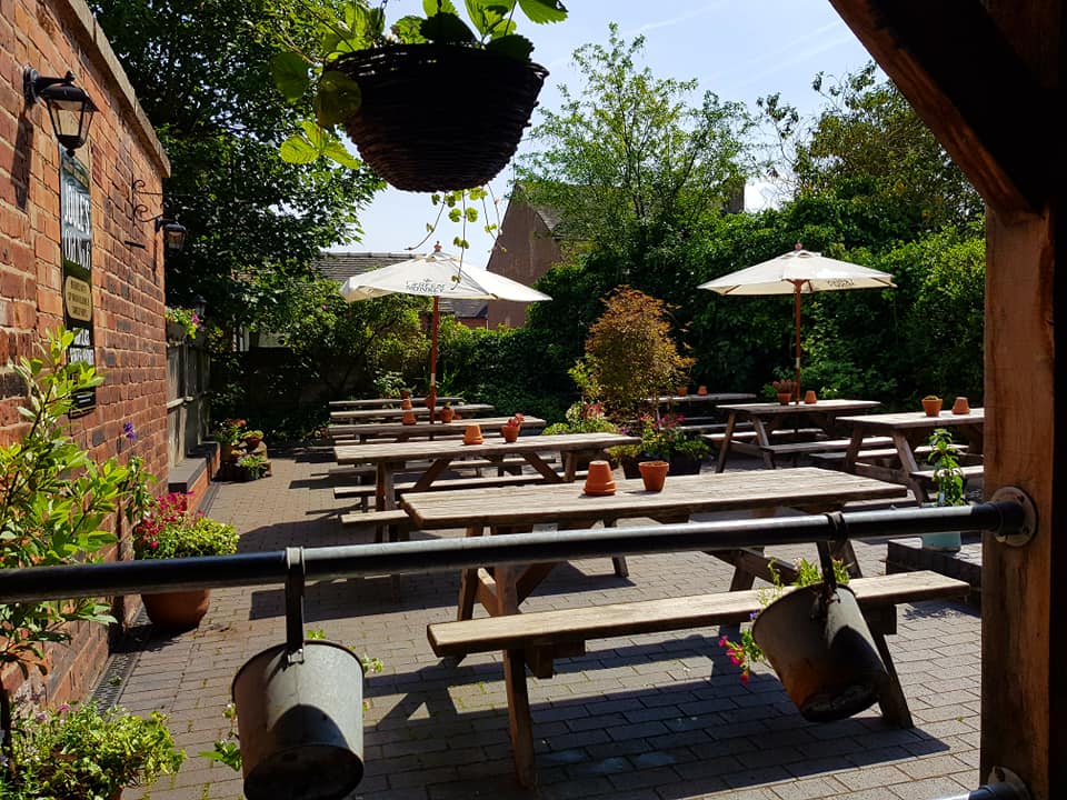 Beer garden at the White Horse, in Overton-on-Dee,